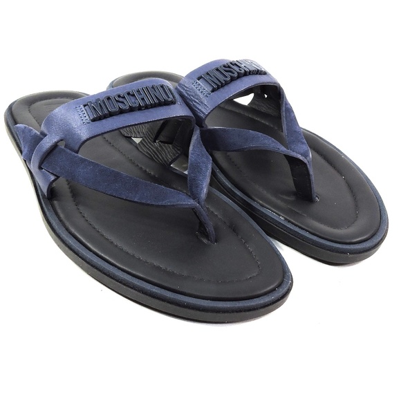 MOSCHINO ?? MEN\'S BLUE SOFT LEATHER COMFORT FLAT SUMMER SANDALS main image 6